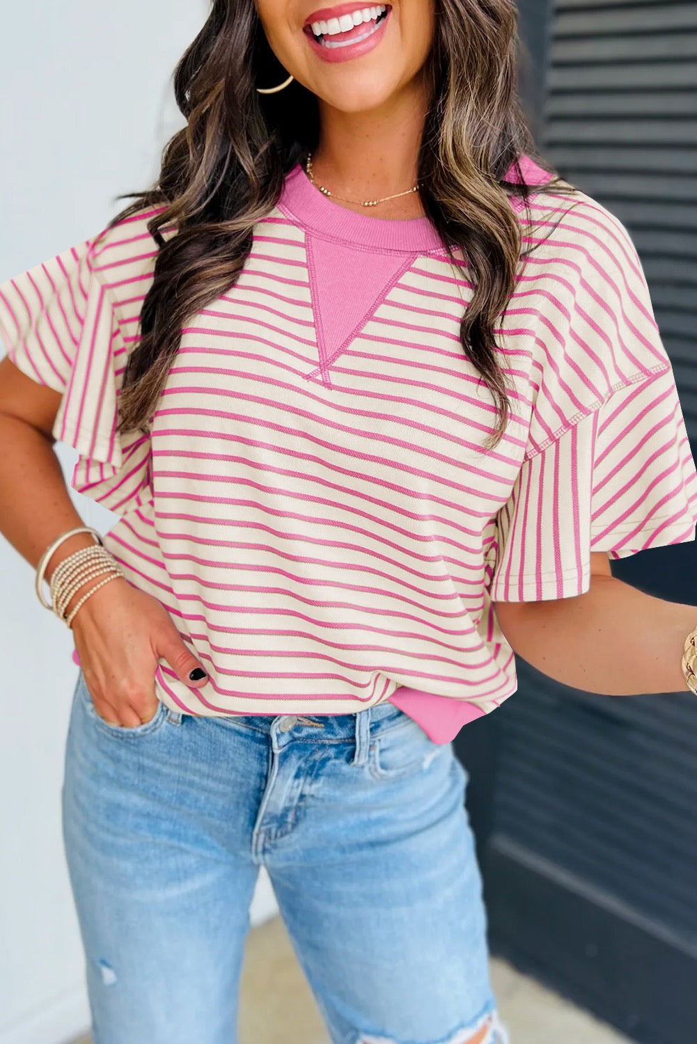 Pink Stripe Ruffle Sleeve Blouse RTS