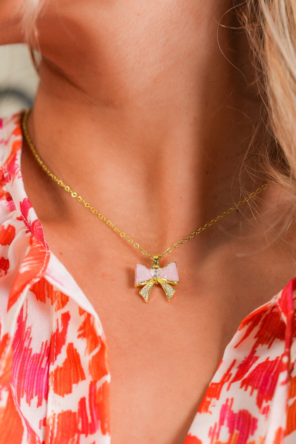 Pink Rhinestone Bow Necklace RTS