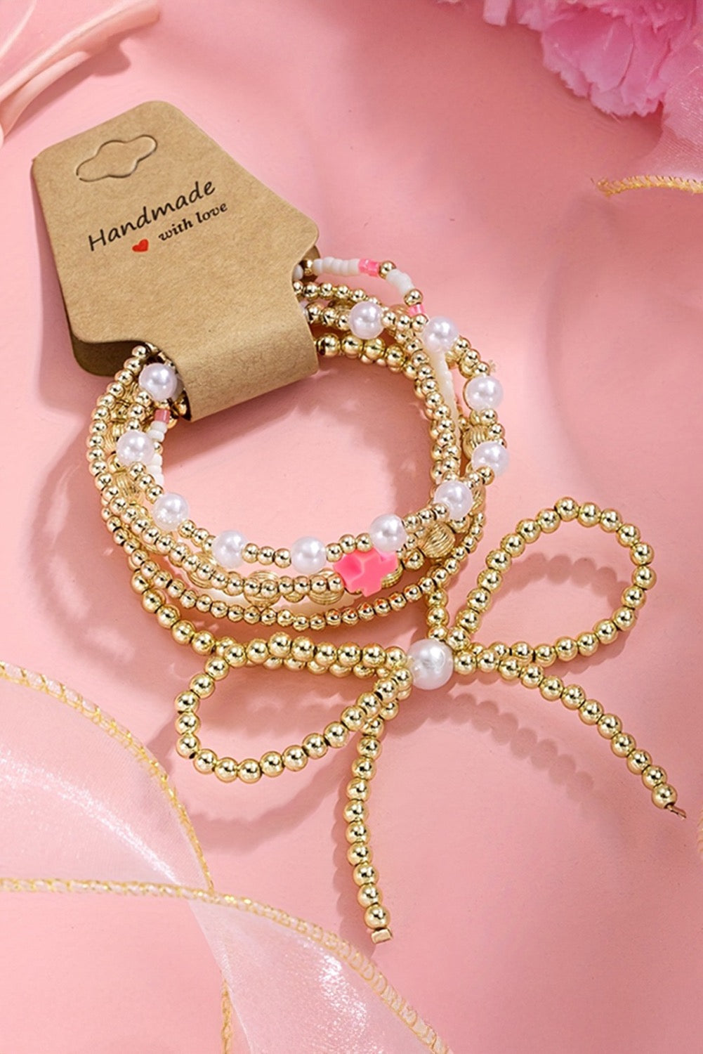 Gold and Pink Pearl Bow Bracelet Set RTS