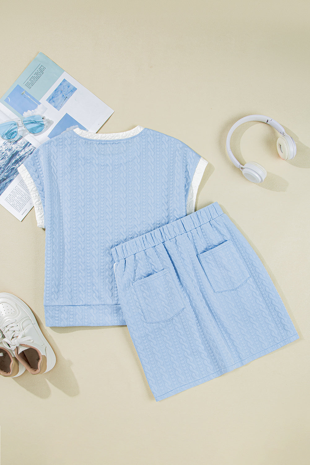 Blue Contrast Textured Skirt Set RTS