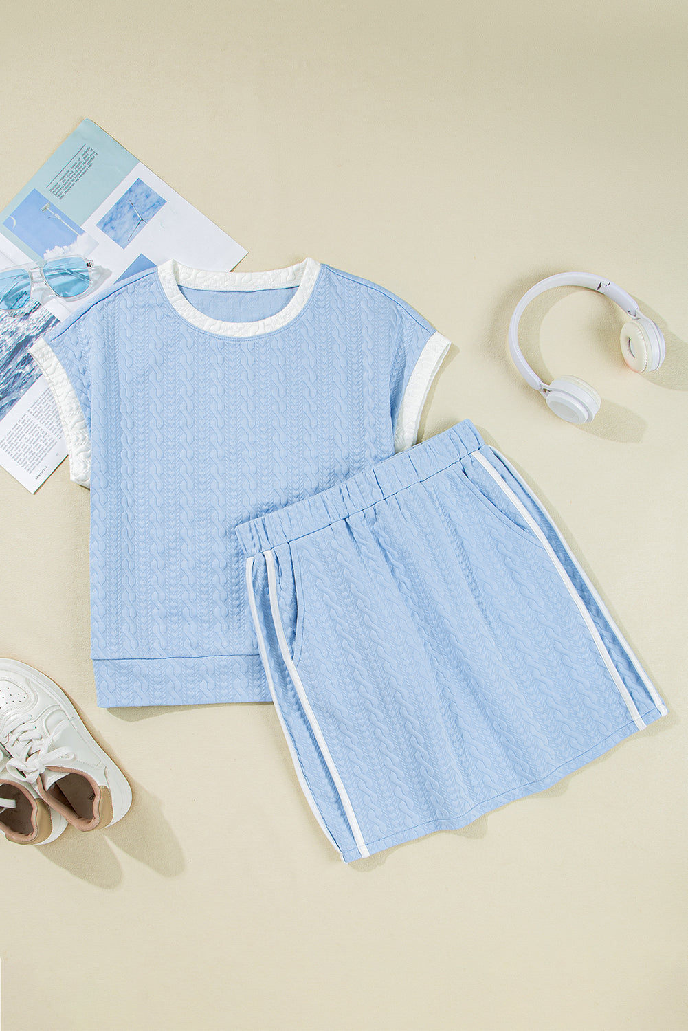 Blue Contrast Textured Skirt Set RTS