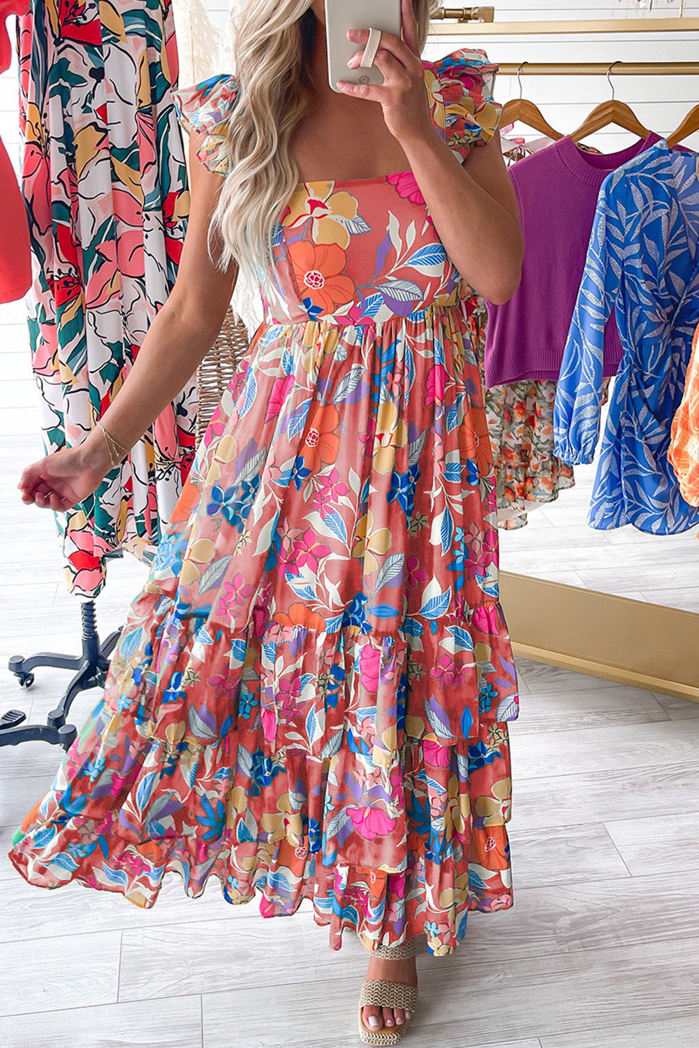 Pink Floral Print Sleeveless Ruffled Tiered Maxi Dress RTS
