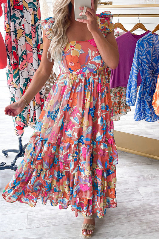 Pink Floral Print Sleeveless Ruffled Tiered Maxi Dress RTS