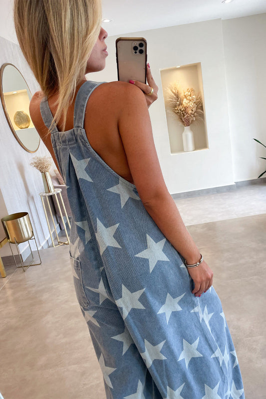 Star Print Buttoned Strap Pleat Wide Leg Overall RTS