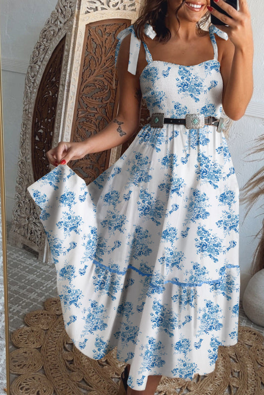 Blue Floral Print Shirred Long Dress RTS