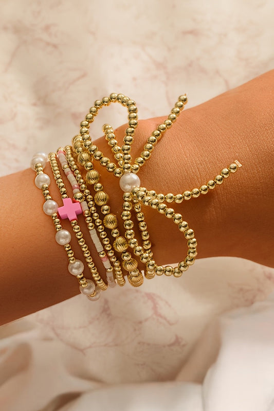 Gold and Pink Pearl Bow Bracelet Set RTS
