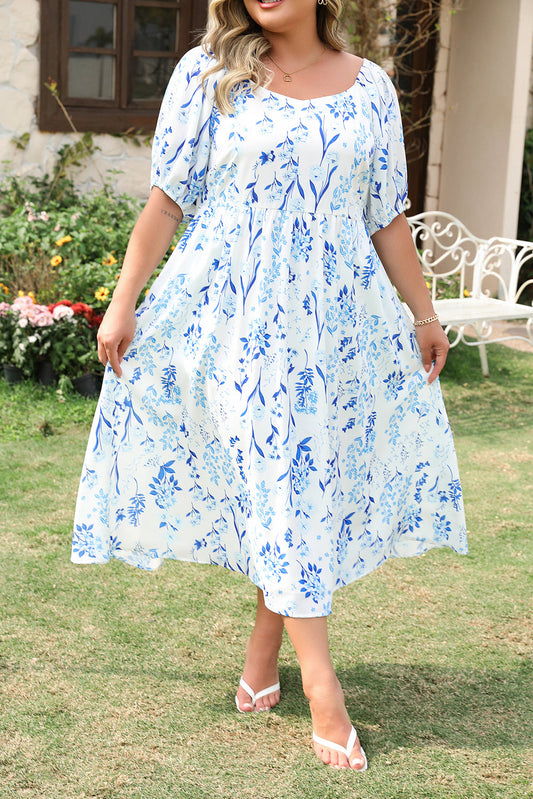 Sky Blue Floral Sweetheart Midi Plus Size Dress RTS
